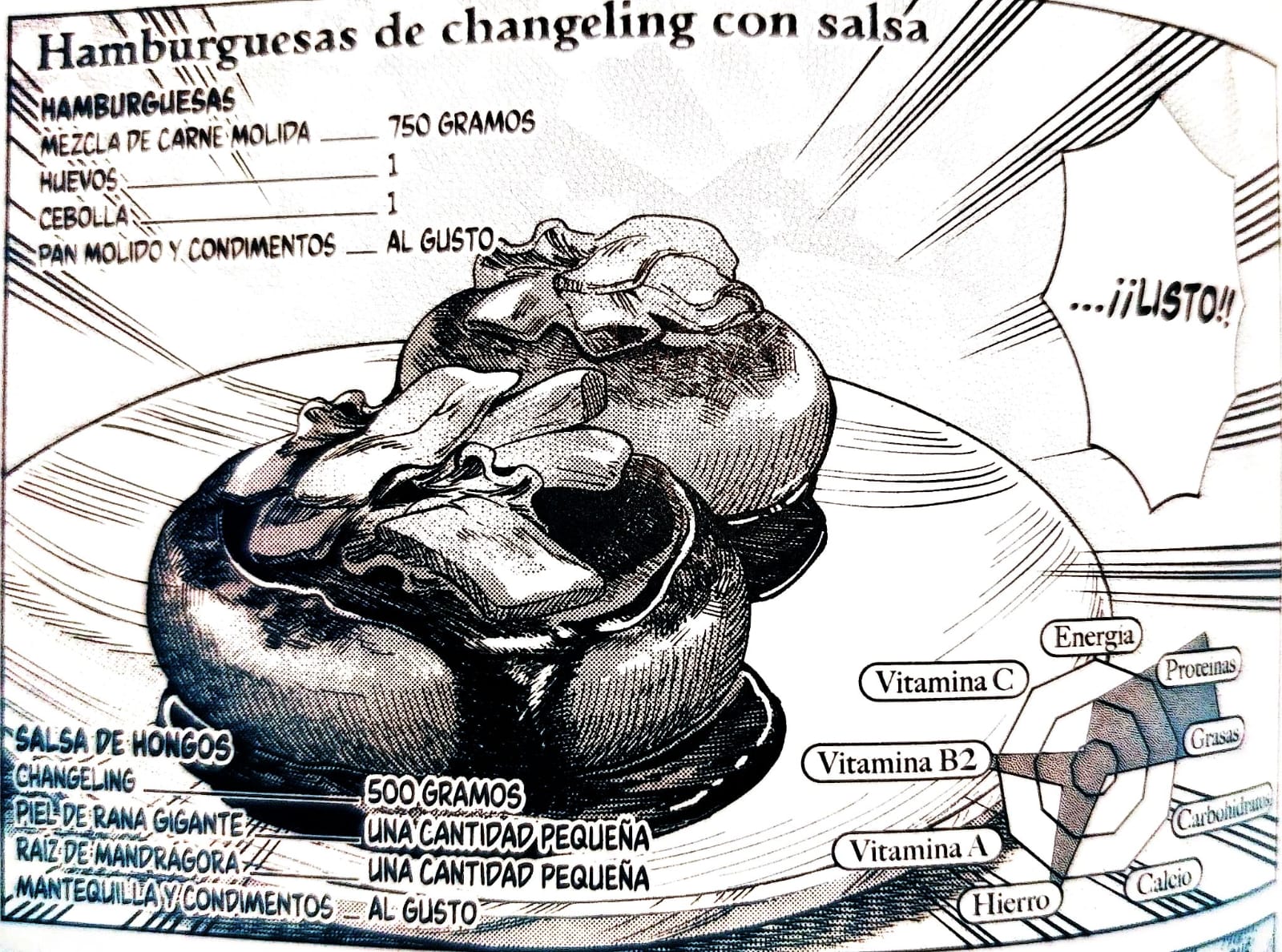Página ilustrada de Hamburguesas de changeling con salsa